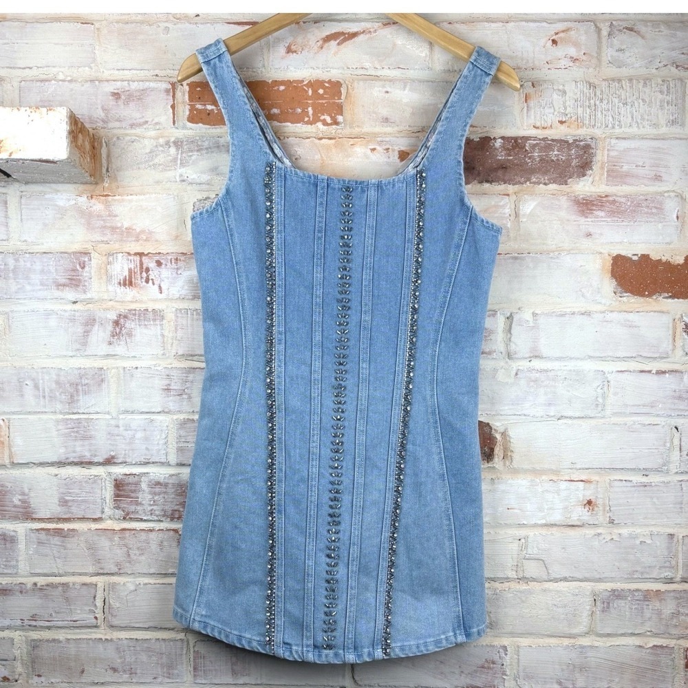 POL Rhinestone Denim Mini Dress S Corset Y2K Coquette Western Festival Night Out